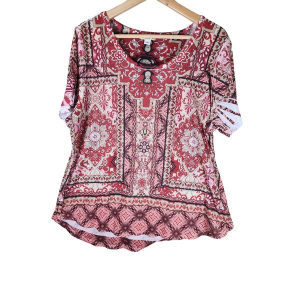 WORLD UNITY Red Pink White Beaded Boho Hippie Short Sleeve Top SZ 2X - Picture 1 of 8